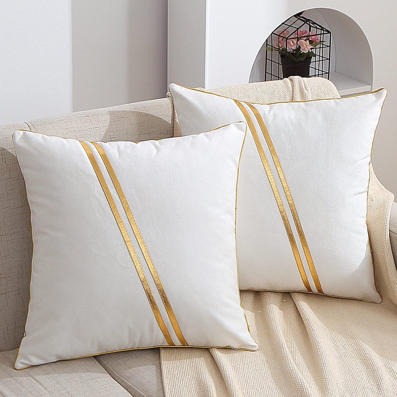 WACOMECO Pack of 2 Gold Throw Pillow Covers  Soft Decorative Luxury Velvet Cushion Covers Pillow Cases with Gold Leather for Sofa Bedroom Livingroom Car 20 x 20 in White