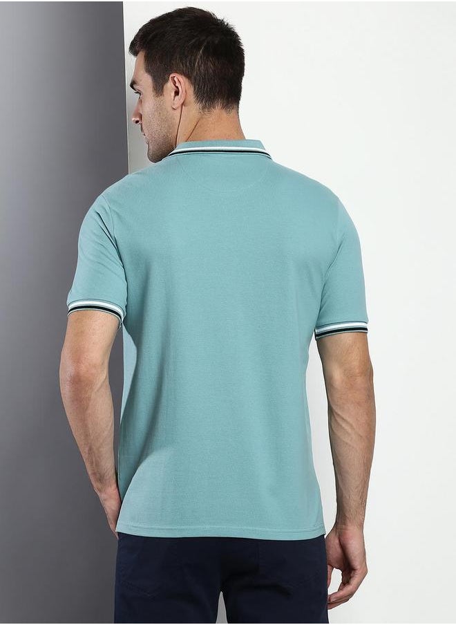 Dennis Lingo Men's Aqua 100% Cotton Solid Pattern Regular Fit T-Shirt  - Image 3