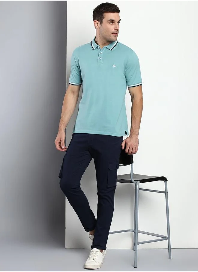 Dennis Lingo Aqua Regular Fit T-shirt for Men - 100% Cotton, Solid, Polo Collar, Polo Neck, Half Sleeves, Knitted, Casual,