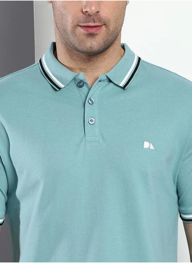 Dennis Lingo Aqua Regular Fit T-shirt for Men - 100% Cotton, Solid, Polo Collar, Polo Neck, Half Sleeves, Knitted, Casual,