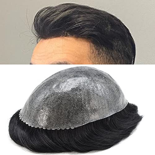 SINGA HAIR Toupee for Men Thin Skin PU Injection Mens Wig Unit Real Natural Human Hair Piece Mens Replacement System 8''X10''-#1 Jet Black - Image 1