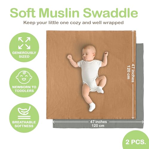 infancie Organic Cotton Muslin Baby Blanket - 47x47 Inch Breathable Swaddle, Hypoallergenic Double-Layer, Versatile Use (Gold/Sage, 47x47 Inch) - Image 4
