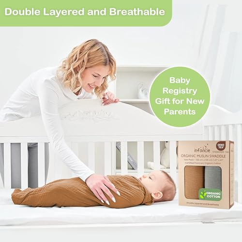 infancie Organic Cotton Muslin Baby Blanket - 47x47 Inch Breathable Swaddle, Hypoallergenic Double-Layer, Versatile Use (Gold/Sage, 47x47 Inch) - Image 2