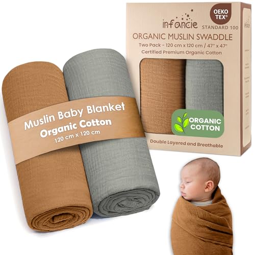 infancie Organic Cotton Muslin Baby Blanket - 47x47 Inch Breathable Swaddle, Hypoallergenic Double-Layer, Versatile Use (Gold/Sage, 47x47 Inch) - Image 1