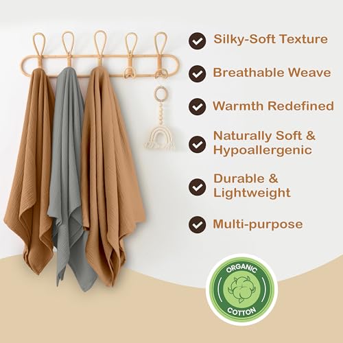 infancie Organic Cotton Muslin Baby Blanket - 47x47 Inch Breathable Swaddle, Hypoallergenic Double-Layer, Versatile Use (Gold/Sage, 47x47 Inch) - Image 3