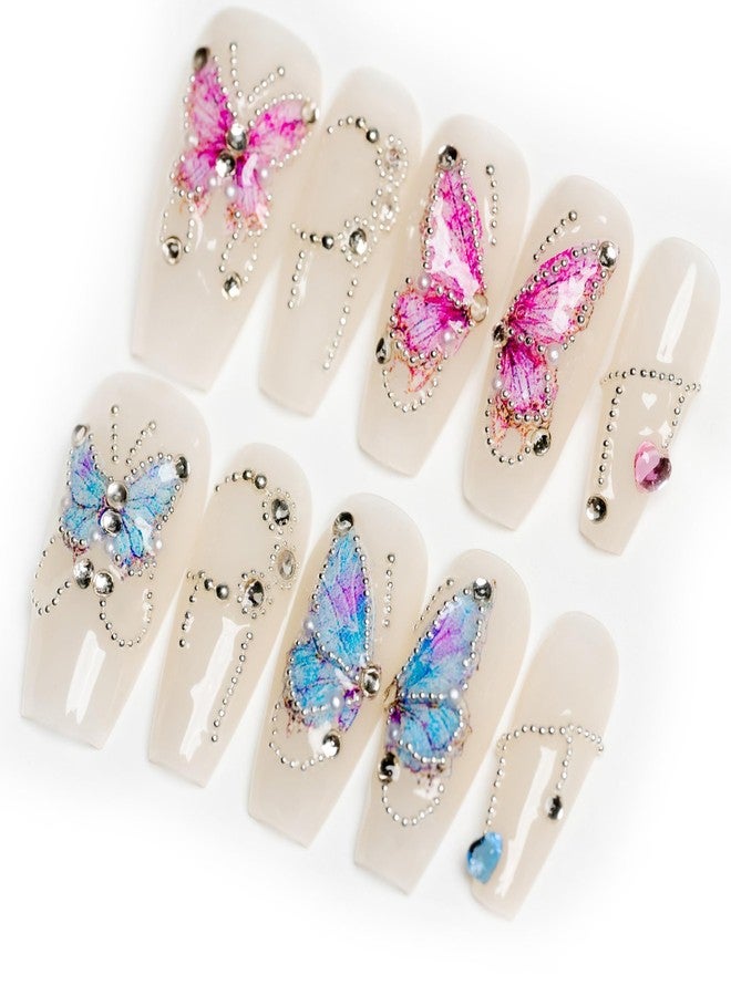 Sun&Beam Nails Handmade Nail Tips Medium Long Ballerina Coffin Fake Nails White Pearl Colorful Butterfly Popular Stylish Cute Fake Nails 10 Pcs (#90 L) - Image 1