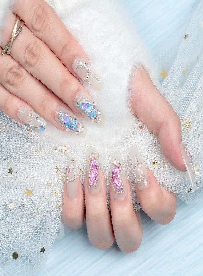 Sun&Beam Nails Handmade Nail Tips Medium Long Ballerina Coffin Fake Nails White Pearl Colorful Butterfly Popular Stylish Cute Fake Nails 10 Pcs (#90 L) - Image 3
