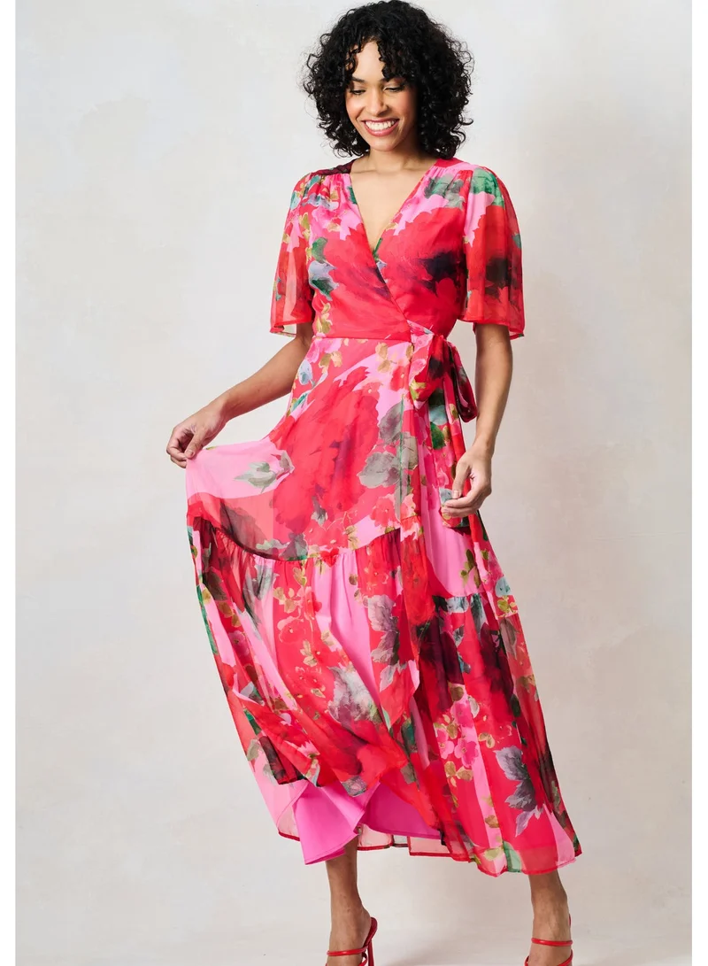 هوب اند ايفي فستان ماكسي ملفوف بأكمام فراشة وربطة خصر