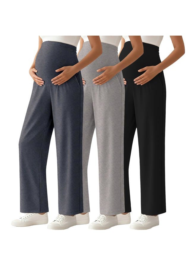Ecavus 3-Pack Women's Maternity Pants Over Belly Soft Lounge Palazzo Pants Stretch Wide Leg Pregnancy Trousers with Pockets, Black+dark Grey+grey, L - Image 1