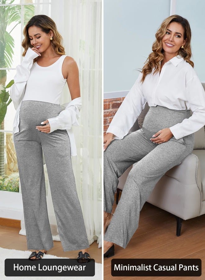 Ecavus 3-Pack Women's Maternity Pants Over Belly Soft Lounge Palazzo Pants Stretch Wide Leg Pregnancy Trousers with Pockets, Black+dark Grey+grey, L - Image 5