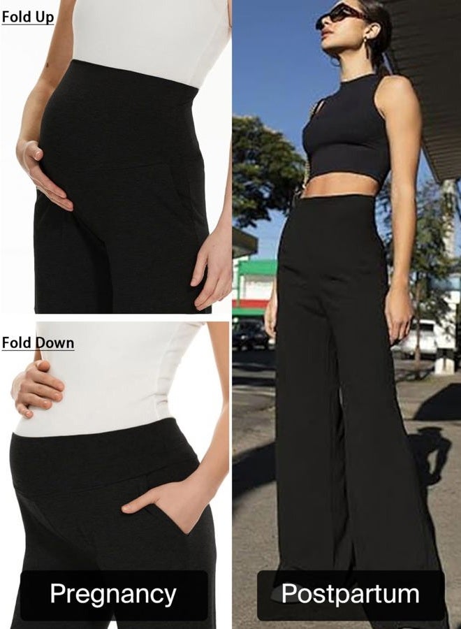 Ecavus 3-Pack Women's Maternity Pants Over Belly Soft Lounge Palazzo Pants Stretch Wide Leg Pregnancy Trousers with Pockets, Black+dark Grey+grey, L - Image 3