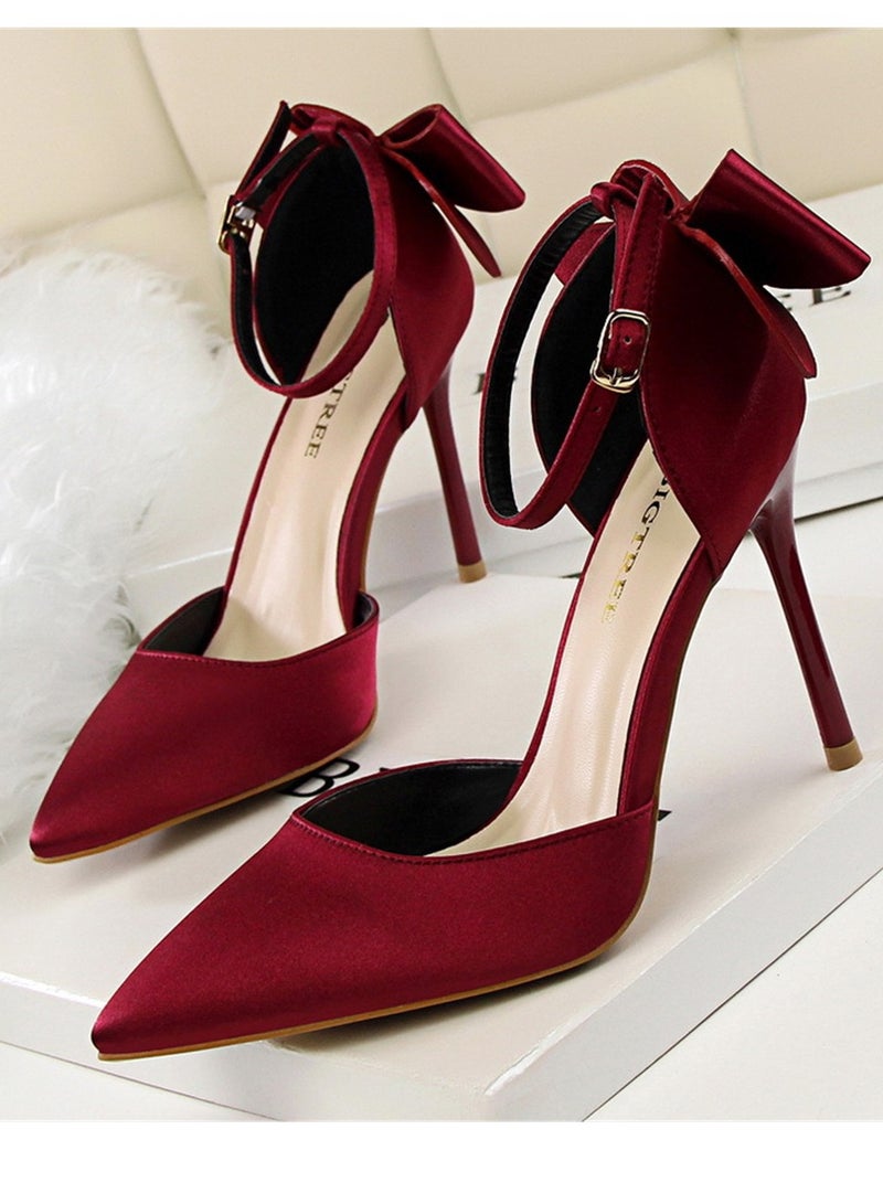 BIGTREE 10 سم كعب عال أنيق ساتان مجوف بفم ضحل مع قوس مجوف أحذية نسائية باللون الأحمر البحري - Image 1