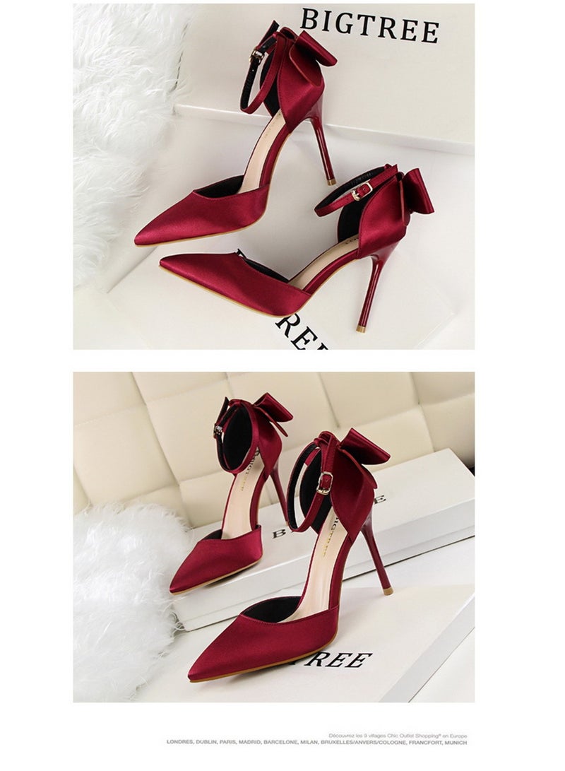 BIGTREE 10 سم كعب عال أنيق ساتان مجوف بفم ضحل مع قوس مجوف أحذية نسائية باللون الأحمر البحري - Image 2