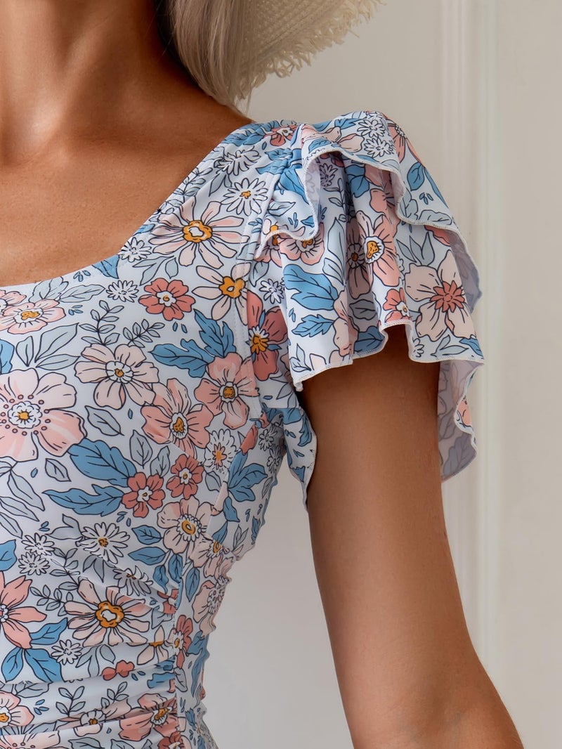 Eomenie Women's Tummy Control One Piece Swimsuit Ruffle Square Neck Bathing Suit Ruched Cutout Back Slimming Swimwear - Image 5