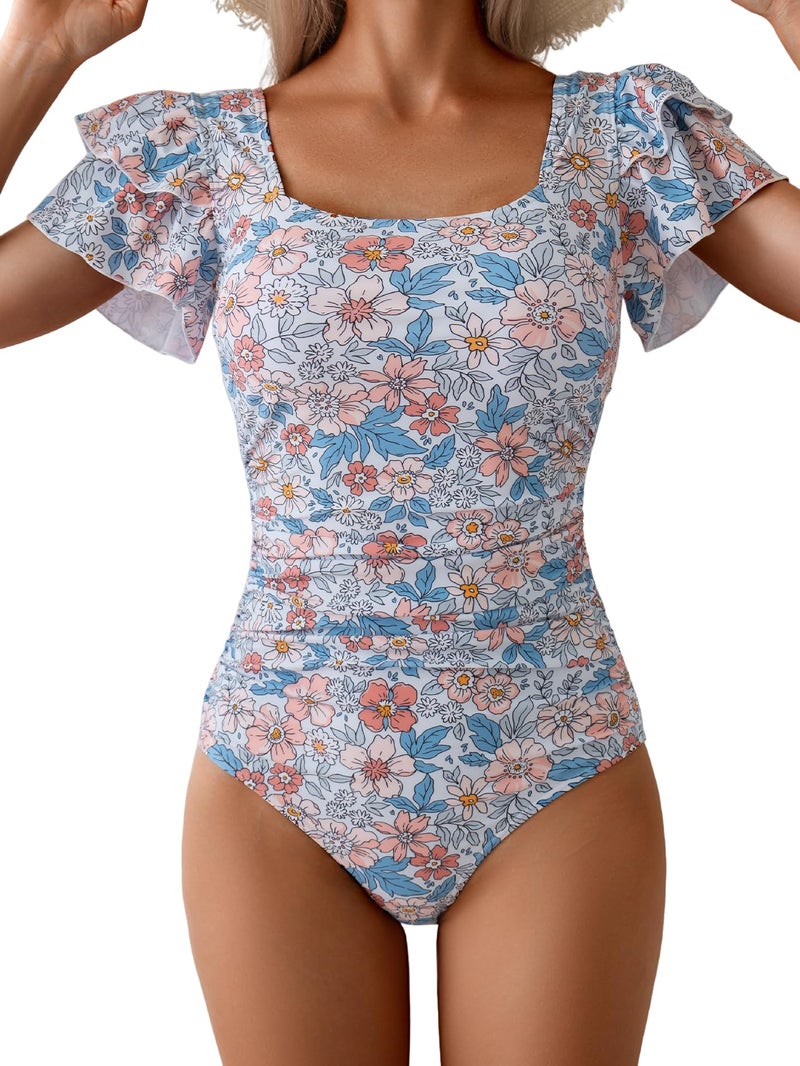 Eomenie Women's Tummy Control One Piece Swimsuit Ruffle Square Neck Bathing Suit Ruched Cutout Back Slimming Swimwear - Image 1