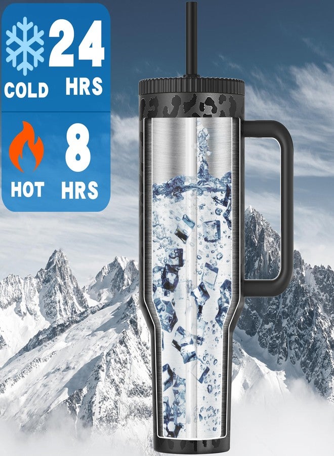 Greatyos 40 oz Tumbler with Handle and Flip Straw Lid Traveler 40oz Tumblers with Lids Straws Vacuum Insulated Leak Proof Stainless Steel Cup Gifts for Men Women Him Her (Black Leopard, 40 Ounces) - Image 2