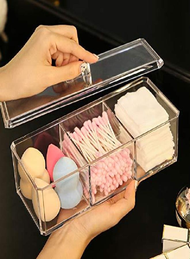 Sooyee Qtip Holder Rectangle Cotton Ball and Swab Holder Organizer with Lid, Dustproof,Waterproof,Clear Acrylic 3 Compartment Cotton Pad Container for Cotton Swabs, Make Up Pads, Cosmetics