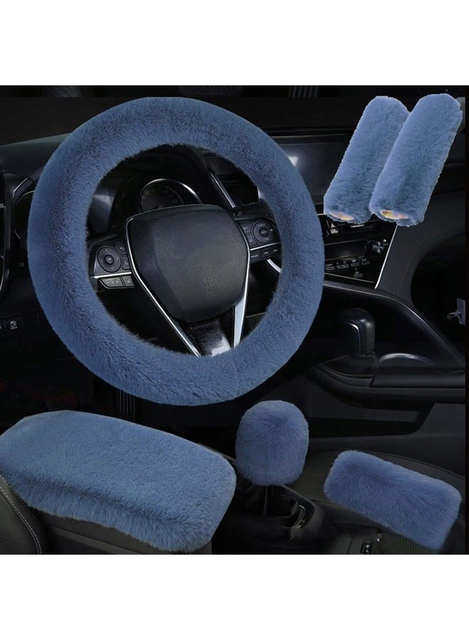 EGBANG 6pcs in 1 Set Soft Fluffy Car Steering Wheel Cover Faux Wool Auto Center Armrest Cove & Gear Shift Cover & Handbrake Cover & 2pcs Seat Belt Shoulder Pads Warm Winter Universal Fit for 15 Inch - Image 1