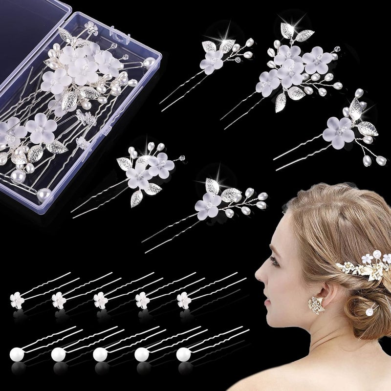 15 Pcs Bridal Hair Accessories Silver Pearl and Floral Pins with Flowers for Bride and Bridesmaid 3 Styles