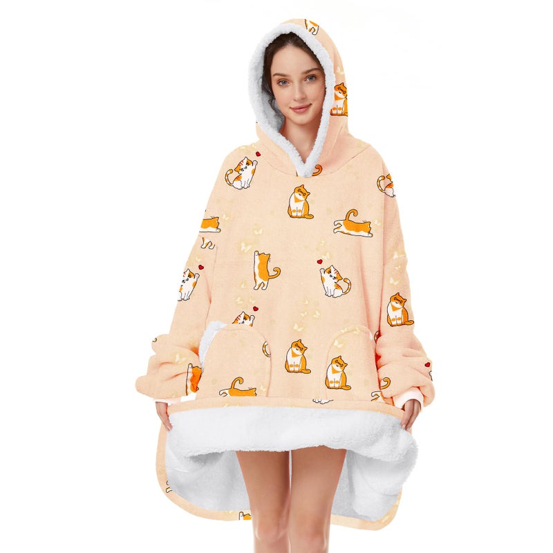 Zando Zando Yellow Cat Hoodie for Adult - Sherpa Wearable Blanket Hoodie Oversized With Pocket - Cozy and Warm Hooded Thick Fleece Sweater - Gift for Men Women - Image 1