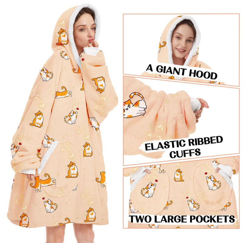 Zando Zando Yellow Cat Hoodie for Adult - Sherpa Wearable Blanket Hoodie Oversized With Pocket - Cozy and Warm Hooded Thick Fleece Sweater - Gift for Men Women - Image 3