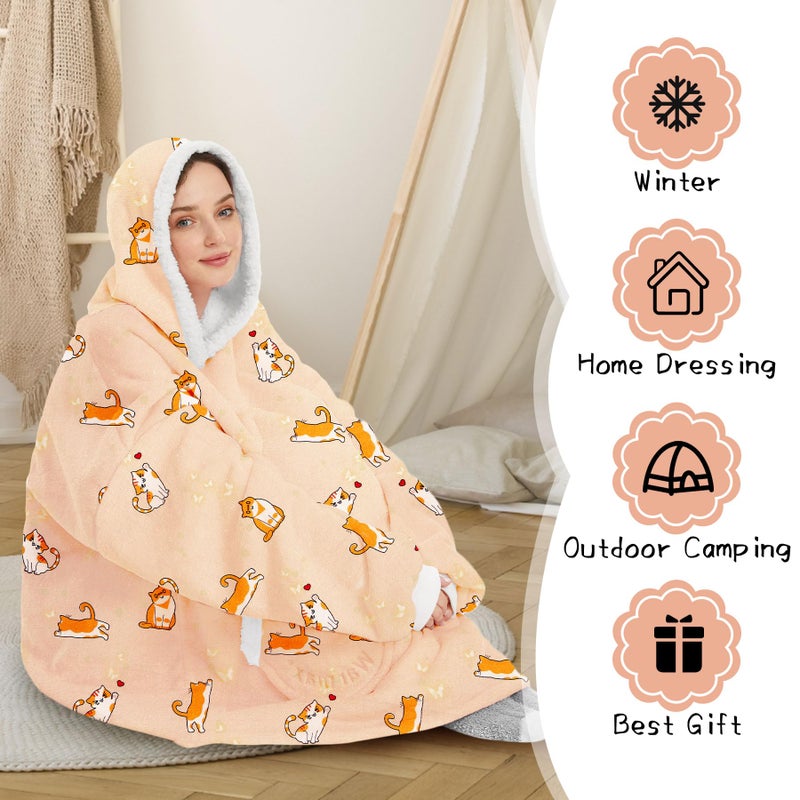 Zando Zando Yellow Cat Hoodie for Adult - Sherpa Wearable Blanket Hoodie Oversized With Pocket - Cozy and Warm Hooded Thick Fleece Sweater - Gift for Men Women - Image 4