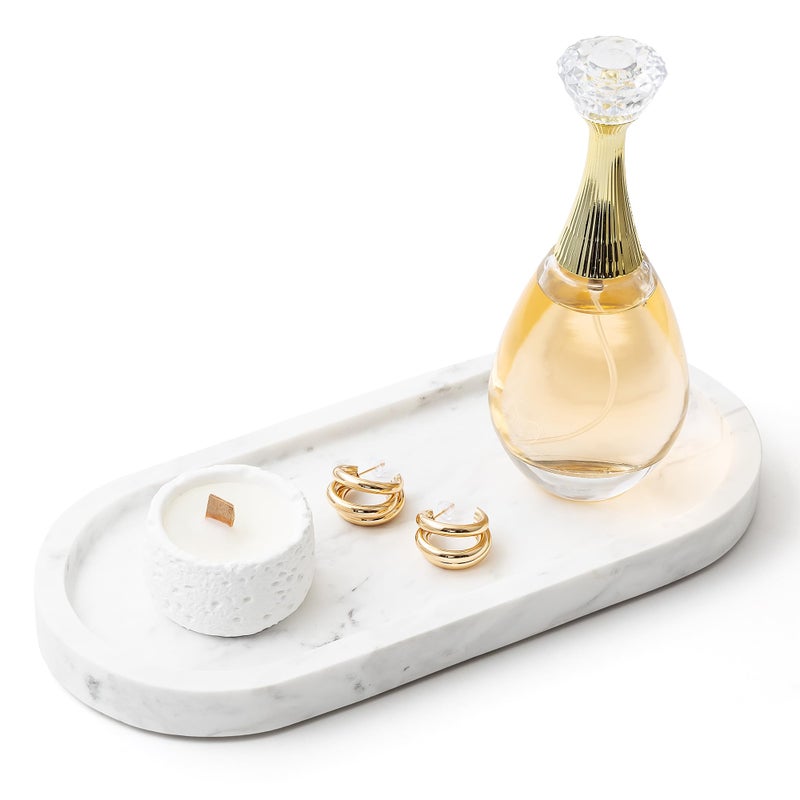 WORHE Natural Marble Vanity Tray Italy Oval Stone Trays for Candles Perfume Decorative Jewelry Dish for Small Items Countertop Storage Organizer for Home Bathroom Kitchen Matte Surface White BH101
