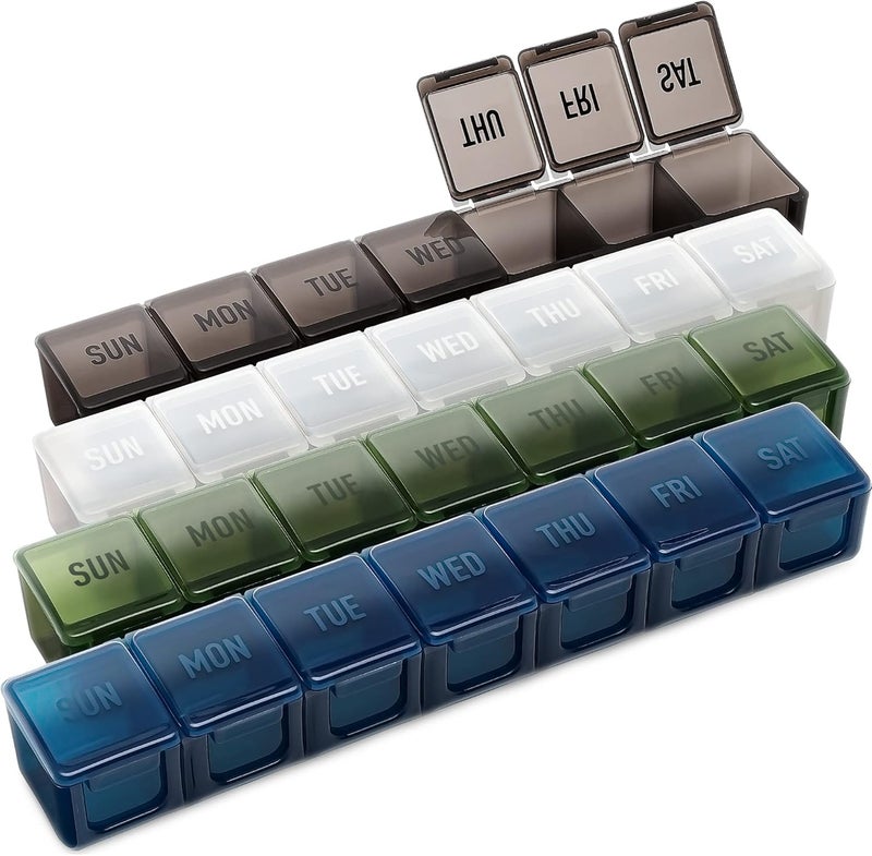 Hydra Cup [4 PACK] Weekly Pill Organizer & Vitamin Planner, Extra Large Mobile Medicine Box Value Pack, Unique Colors for Daily or Monthly Use, 7 Compartments. - Image 1