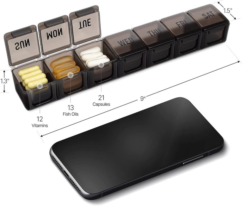 Hydra Cup [4 PACK] Weekly Pill Organizer & Vitamin Planner, Extra Large Mobile Medicine Box Value Pack, Unique Colors for Daily or Monthly Use, 7 Compartments. - Image 3