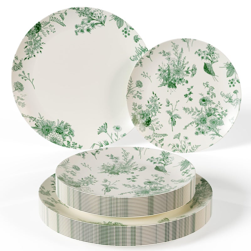 Trendables 80 Piece Plastic Disposable Plates Set For 40 Guests I 40 X 8 Inch Dessert Plates  40 X 10 Inch Disposable Plastic Plates  Wedding Party Plates  Ivory  Green Verdure Design
