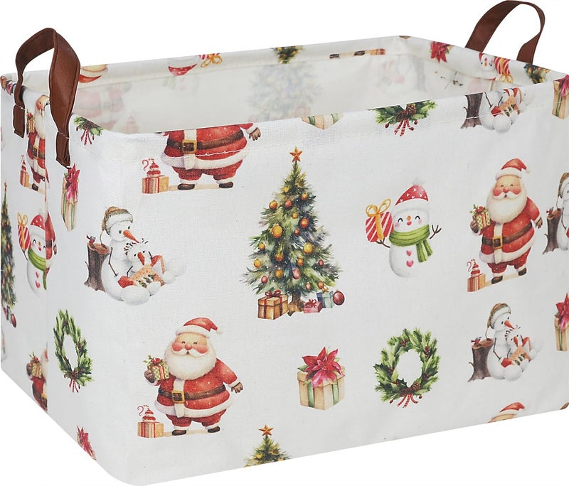 CLOCOR Collapsible Fabric Storage Container, Waterproof Toy Bin with Handles, Gift Basket (Watercolor Christmas) - Image 1