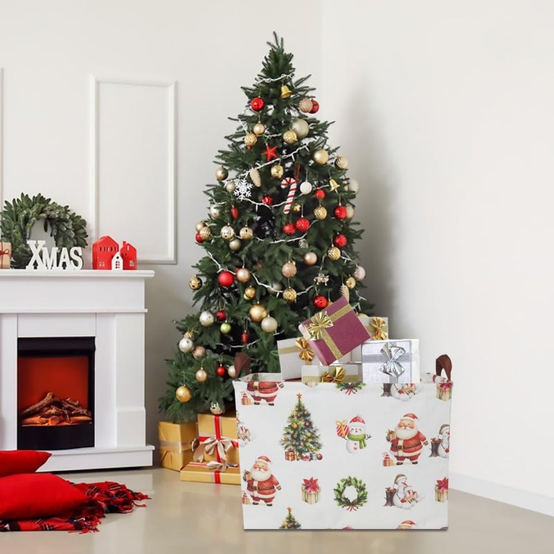 CLOCOR Collapsible Fabric Storage Container, Waterproof Toy Bin with Handles, Gift Basket (Watercolor Christmas) - Image 2