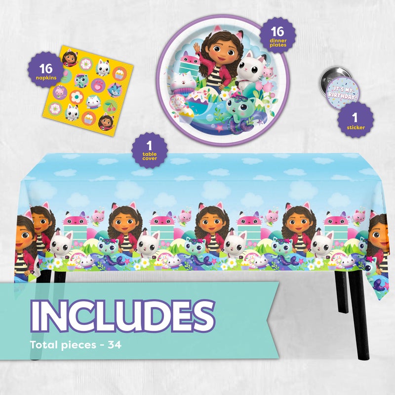 Unique Gabby Dollhouse Party Decorations | Gabby Dollhouse Birthday Decorations | Tablecover, Plates, Napkins, Button | Serves 16 | - Image 2