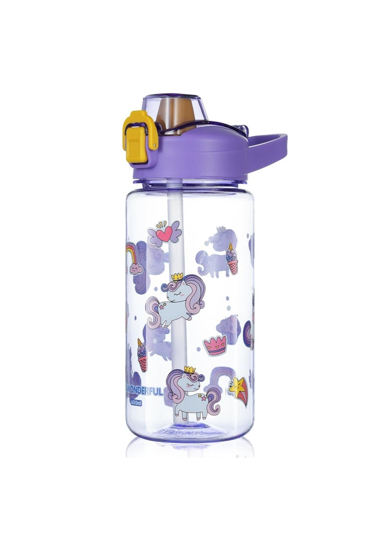 Excefore Kids Water Bottle with Straw 600ml, Leakproof BPA Free Kids Water Bottles, Cute Cartoon Pattern Design, Flip Nozzle Sports Water Bottle for School Picnic, Gift for Girls Boys  - Image 1