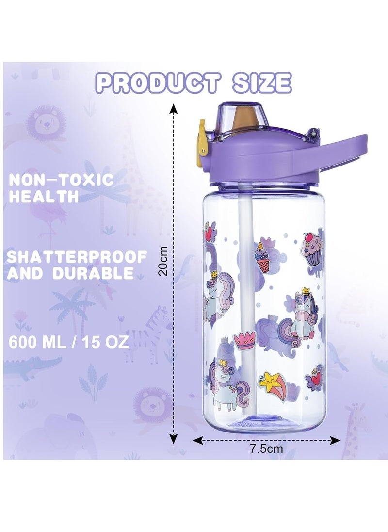 Excefore Kids Water Bottle with Straw 600ml, Leakproof BPA Free Kids Water Bottles, Cute Cartoon Pattern Design, Flip Nozzle Sports Water Bottle for School Picnic, Gift for Girls Boys  - Image 2
