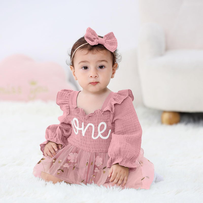 TITKKOP Baby Girl 1st Birthday Clothes One Year Old Tulle Romper Long Sleeve Bodysuit Cake Smash Outfits(rose pink,9-12M) - Image 2