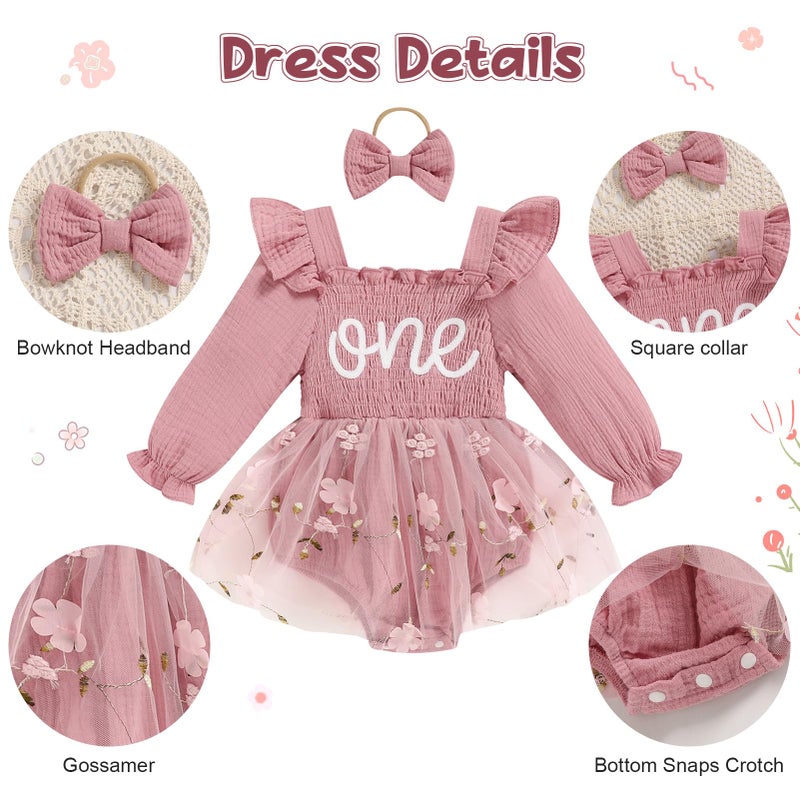 TITKKOP Baby Girl 1st Birthday Clothes One Year Old Tulle Romper Long Sleeve Bodysuit Cake Smash Outfits(rose pink,9-12M) - Image 5