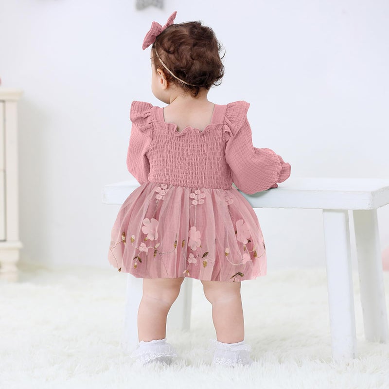 TITKKOP Baby Girl 1st Birthday Clothes One Year Old Tulle Romper Long Sleeve Bodysuit Cake Smash Outfits(rose pink,9-12M) - Image 4