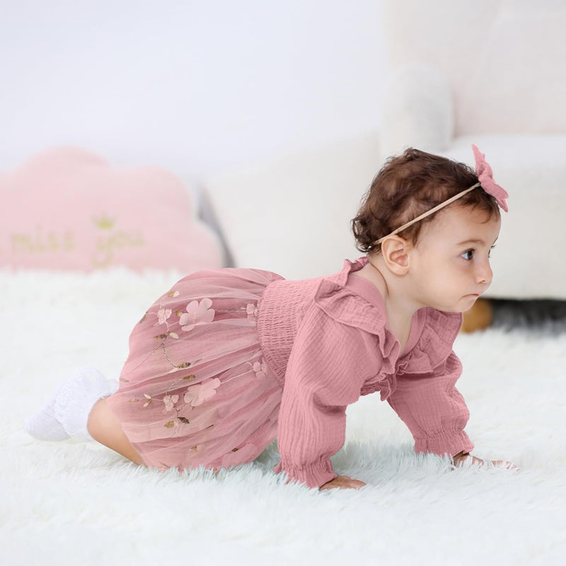 TITKKOP Baby Girl 1st Birthday Clothes One Year Old Tulle Romper Long Sleeve Bodysuit Cake Smash Outfits(rose pink,9-12M) - Image 3