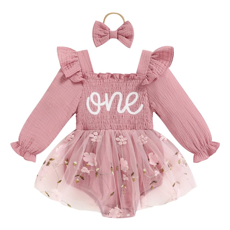 TITKKOP Baby Girl 1st Birthday Clothes One Year Old Tulle Romper Long Sleeve Bodysuit Cake Smash Outfits(rose pink,9-12M) - Image 1