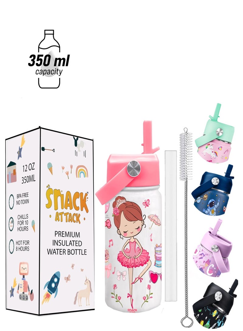 Snack attack SA Kids Water Bottle for School Insulated water bottle with Straw Lid, Kids water bottle stainless steel, Double Wall, Baby water bottle, Steel water bottle White Ballerina Doll - Image 1