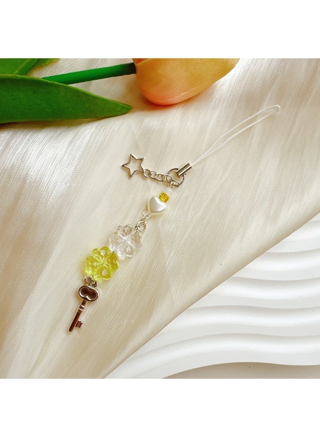 NIBEMINENT Beaded Phone Lanyard, Anti Lost Removable Wrist Strap, Four Leaf Clover Bracelet Pendant, Phone Keychain Lanyard,Yellow - Image 1