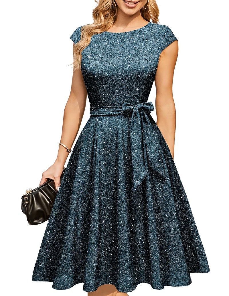 DRESSTELLS Cocktail Party Dresses for Women Formal Wedding Guest Sequin Sparkly Aline Fancy Knee Length Prom Gala Evening Dress Glitter PeacockBlue L - Image 1