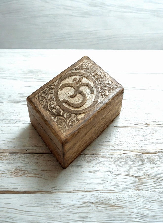 STORE INDYA Wooden Hand Carved Decorative Box With OM & Floral Carving On Top | Treasure Jewelry Organizer Keepsake Chest Trinket Holder Gifts for her Girl Women - Image 2