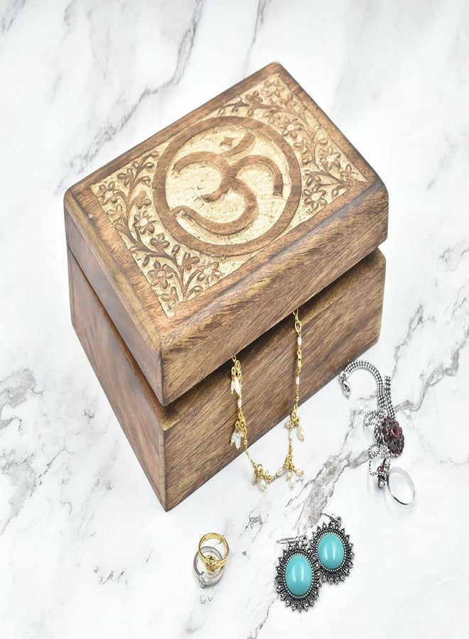 STORE INDYA Wooden Hand Carved Decorative Box With OM & Floral Carving On Top | Treasure Jewelry Organizer Keepsake Chest Trinket Holder Gifts for her Girl Women - Image 4