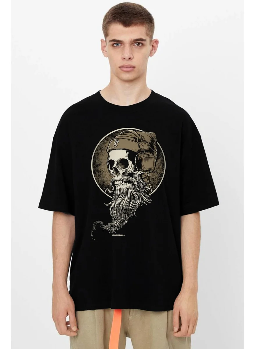 Rock&Roll Bearded Skull Oversize Black Short Sleeve Men's T-Shirt