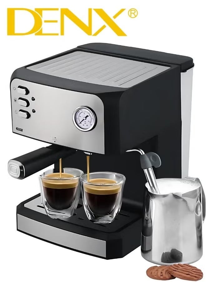 Denx Espresso Coffee Machine For Home, 1.6L Capacity, 850W Power, With Milk Frother, Cappuccino & Latte Maker, Equipped With Steamer, Metal Filter, And Temperature Indicator - Image 1