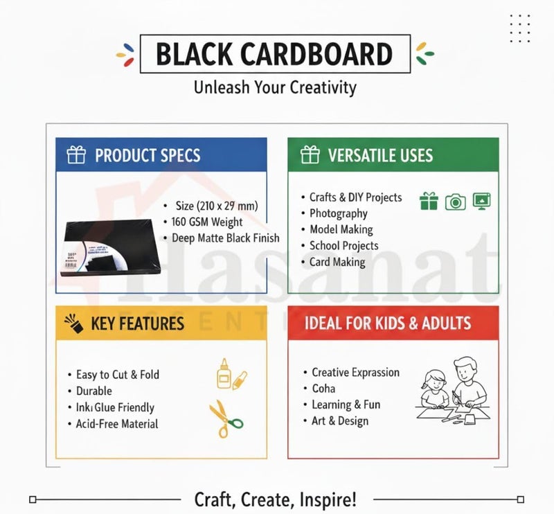 Hasanat Essentials Black Card - Thick Black Paper Sheets - Image 5
