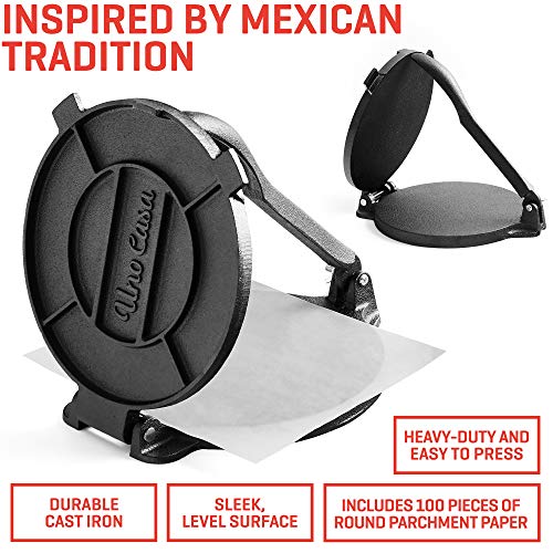 Uno Casa Cast Iron Tortilla Press 8 Inch - Bundle of Skillet for Roti / Comal Pan, Tawa / Dosa Pan Pataconera, Comales para Tortillas - Image 2