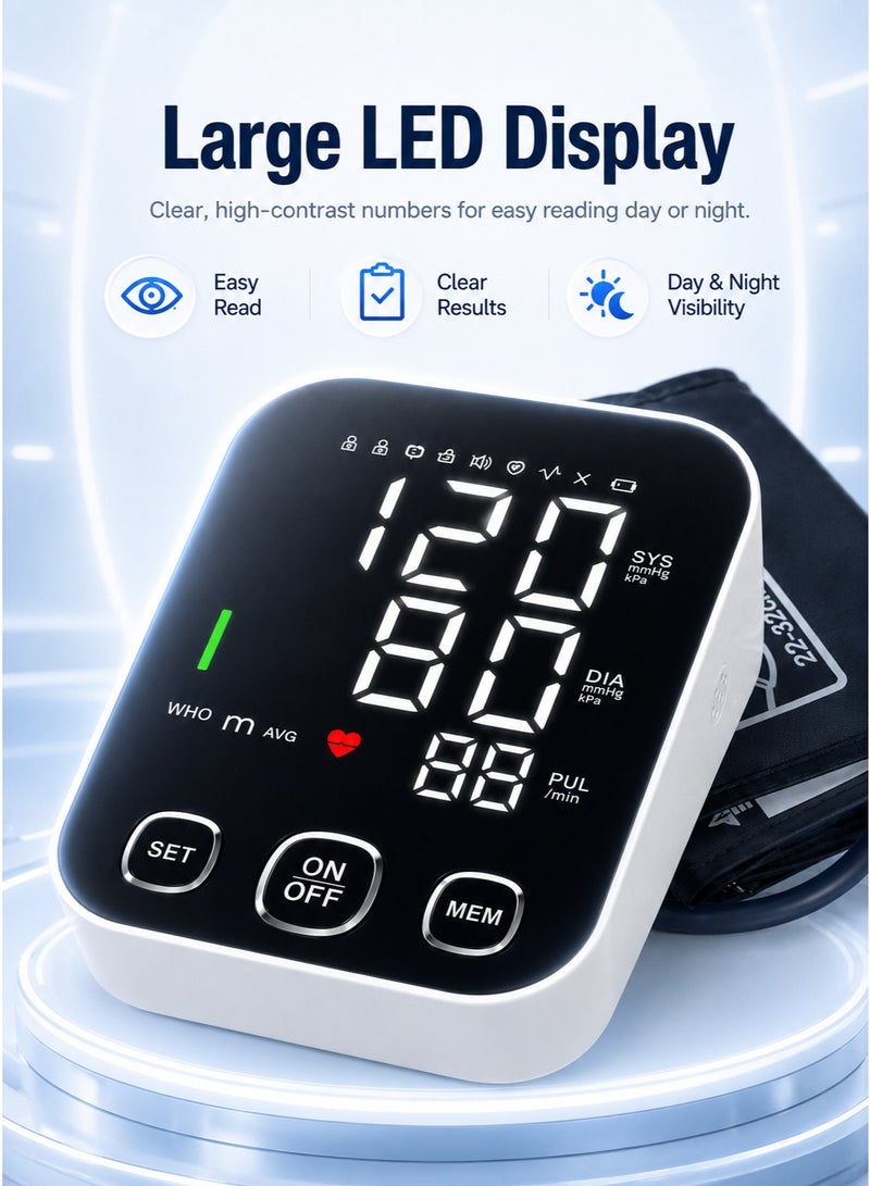 هيومان جوي جهاز قياس ضغط الدم بشاشة LCD كبيرة، مزود بخاصية النطق الصوتي وإضاءة خلفية للشاشة؛ جهاز إلكتروني أوتوماتيكي بالكامل للاستخدام المنزلي (يُوضع على العضد)، يعمل بلمسة زر واحدة، مع وظيفة ذاكرة تتسع لبيانات شخصين. - Image 3